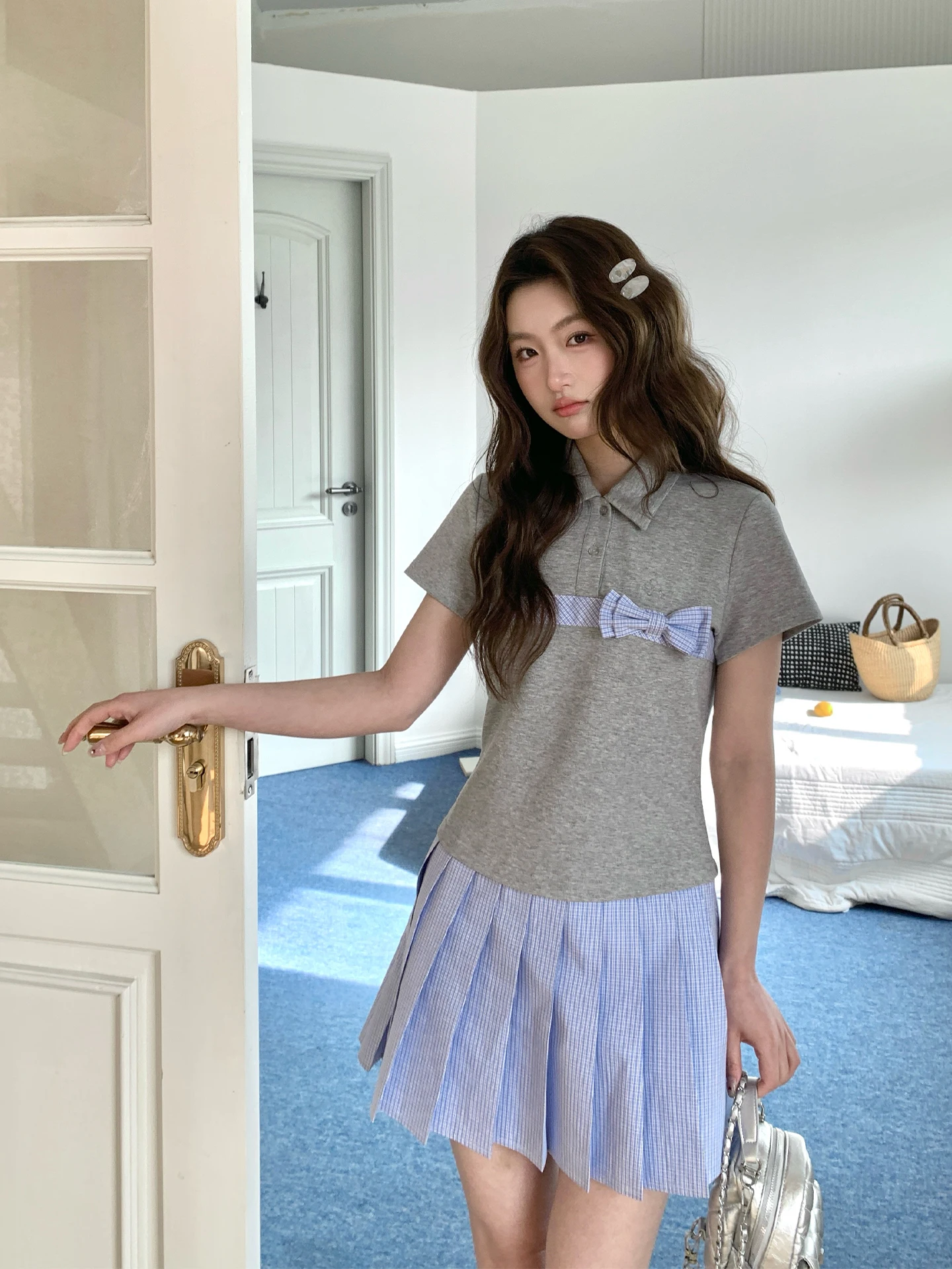 

Tokyo Annual Record JK Style Short Sleeve Pleated Skirt Dress Grey Color Block Sweet A-Line Summer Dress for Young Women