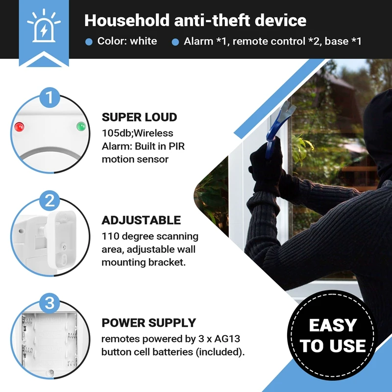 Infrared Motion Sensor Alarm - Burglar Alarm With 2 Remote Controls, Suitable For Home/Garages/Shops