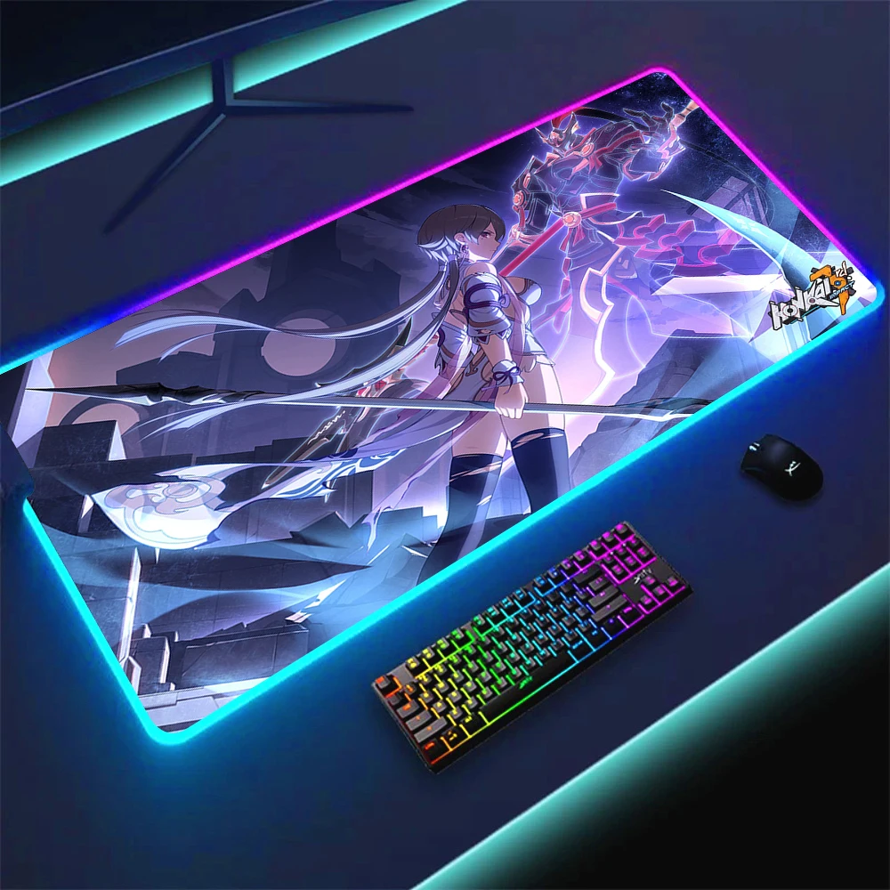 Imagem -04 - Grande Gamer Mouse Pad com Led Retroiluminado Rgb Computador Mousepad Mat Mesa Anime Mesa de Escritório Honkai Impacto xl