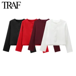 TRAF Women Fashion Spring Autumn New 2024 red Jacket Long Sleeved Single Breasted Round Neck Short Coats Chic Ladies Tops