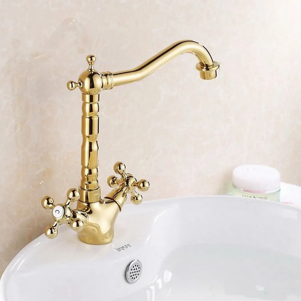 Golden Brass Deck Mount Bathroom Kitchen Faucet Single Handle 360 Rotate Basin Sink Faucet Hot and Cold Water Mixer Tap zsf096