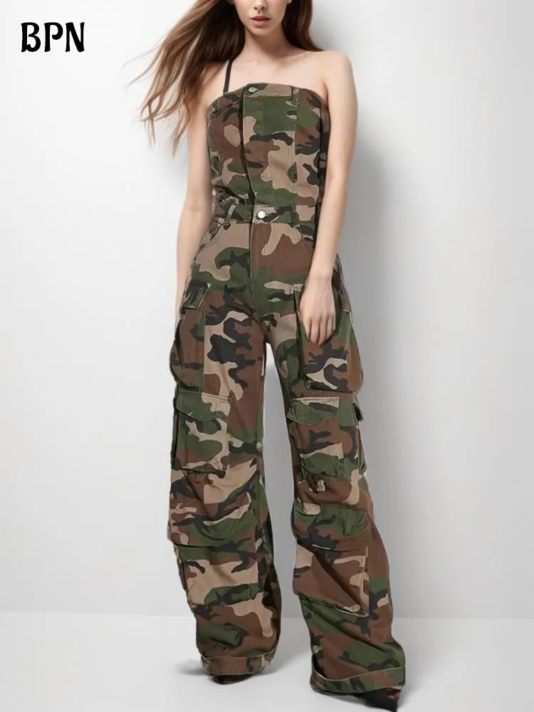 

BPN Camouflage Printing Patchwork Pockets Cargo Jumpsuits For Women Slash Neck Sleeveless High Waist Chic Jumpsuit Female Style