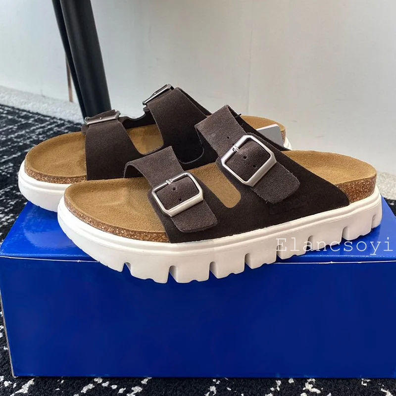 Summer Women\'s Artificial Suede Solid Color Slippers Thick Soled Waterproof Platform Sandals Outdoor Leisure Vacation Dress Shoe