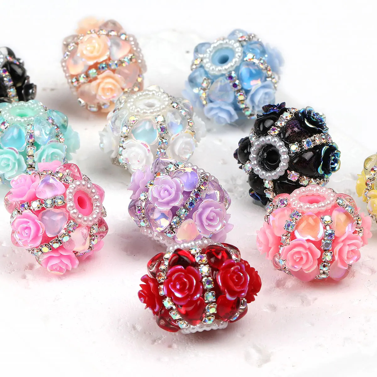 

5/10pcs 24mm Creative Acrylic Heart Rhinestone Flower Ball Straight Hole Beads - Cute Acrylic 3D Rose Flower Beads With