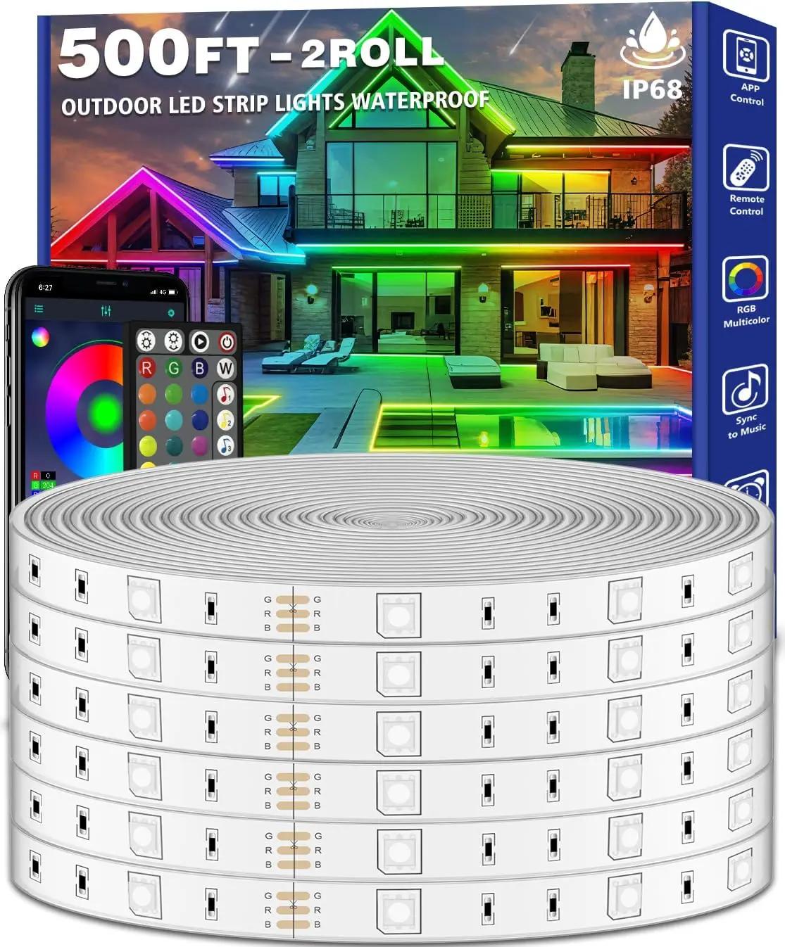 

500ft Waterproof Outdoor LED Strip Lights RGB Music Sync with App & Remote, IP68, for Deck, Balcony, Garden, Pool