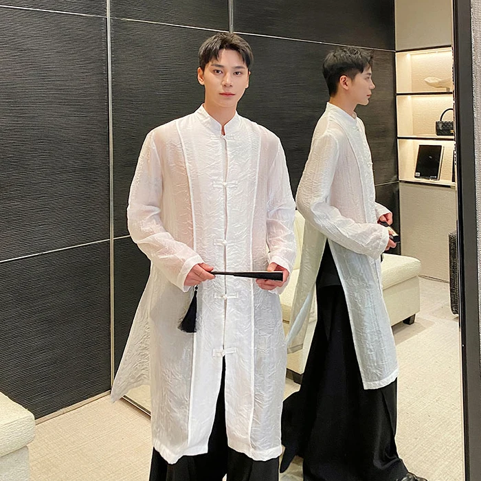 

Новая китайская мужская рубашка с пуговицами, легкая, с длинным рукавом, однотонная, в стиле дзен, свободного кроя, весна-лето-осень