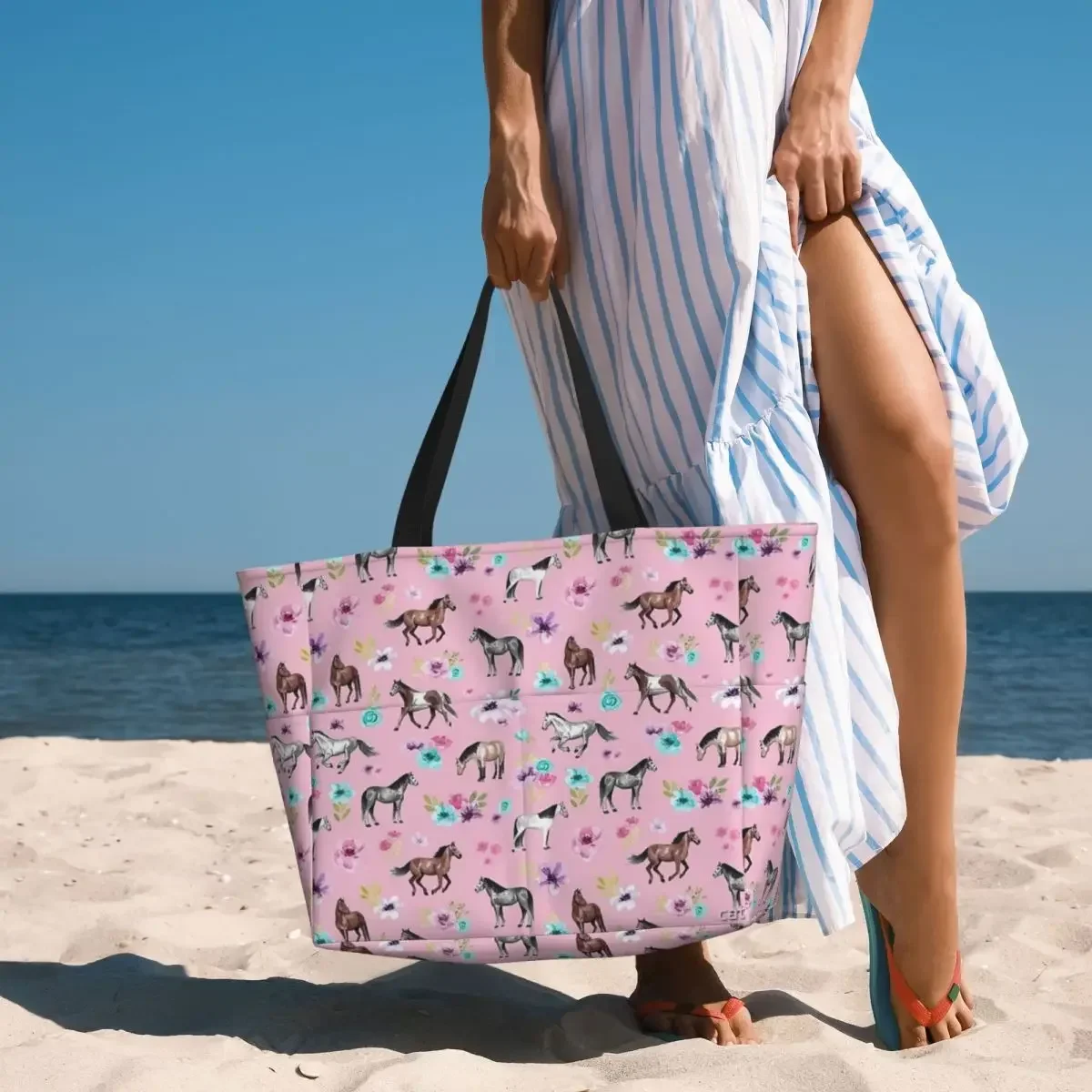 Cavalli e fiori su rosa equestre Art Beach borsa da viaggio Tote Bag popolare grande capacità fuori regalo di compleanno modello Multi-stile