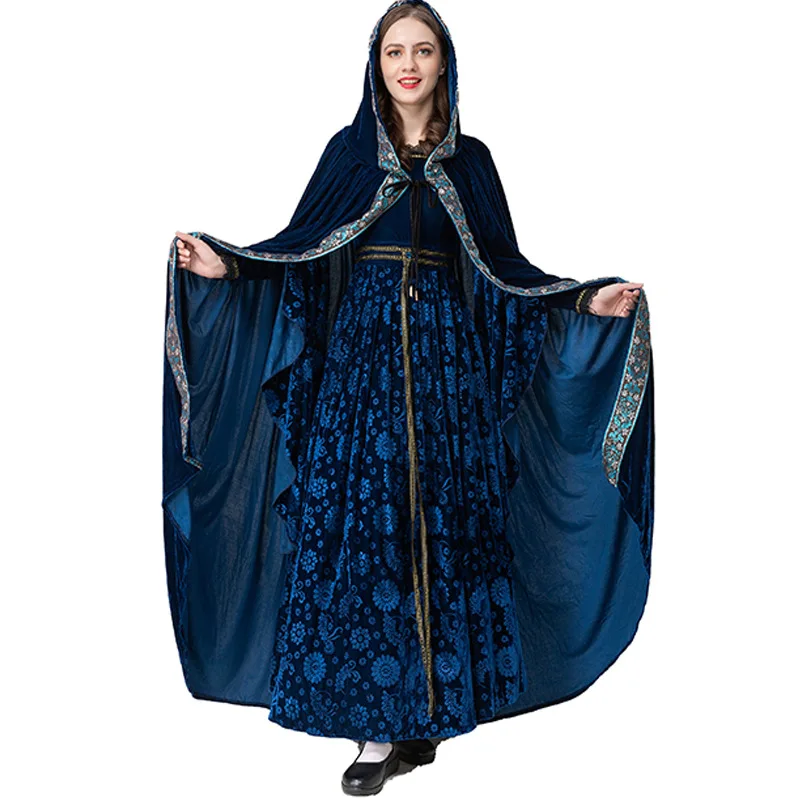 

Blue Long Robe Halloween Carnival Party Cosplay Cloak and Dress Vampire Role-playing Costume Ball Wizards Women Hooded