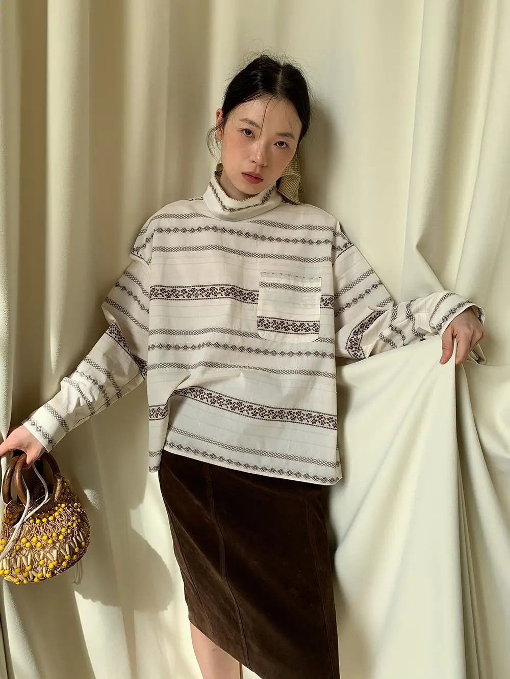 

Dorydory Woven Pattern High Collar Long Sve irt Small Stand Collar Inner Wear White Cotton Outerwear for Women