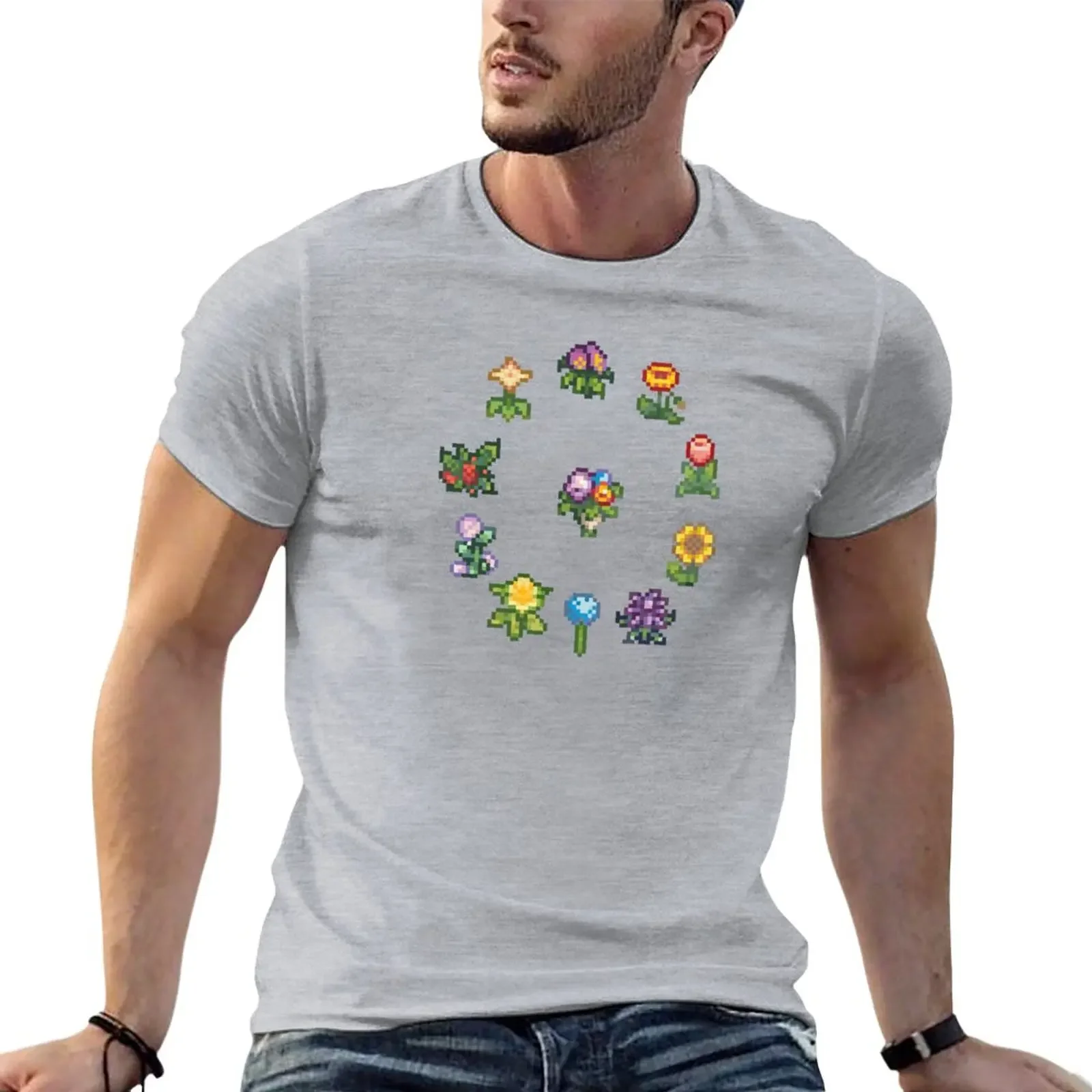 plain quick drying graphic t shirt men Flower Circle Bouquet Pixelated Stardew Valley T-Shirt