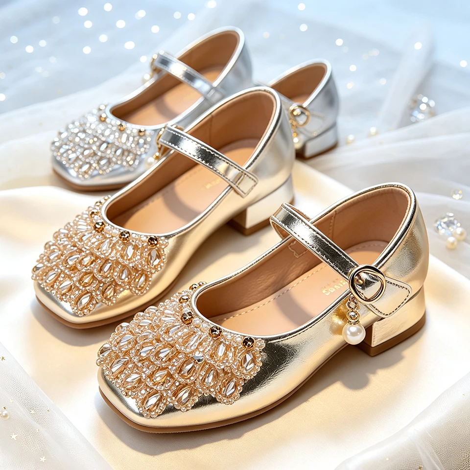 Sparkly Rhinestone Crystal & Pearl Luxury Girls Low Block Heel Mary Jane Shoes Formal Party Beauty Pageants Wedding Kids Shoes