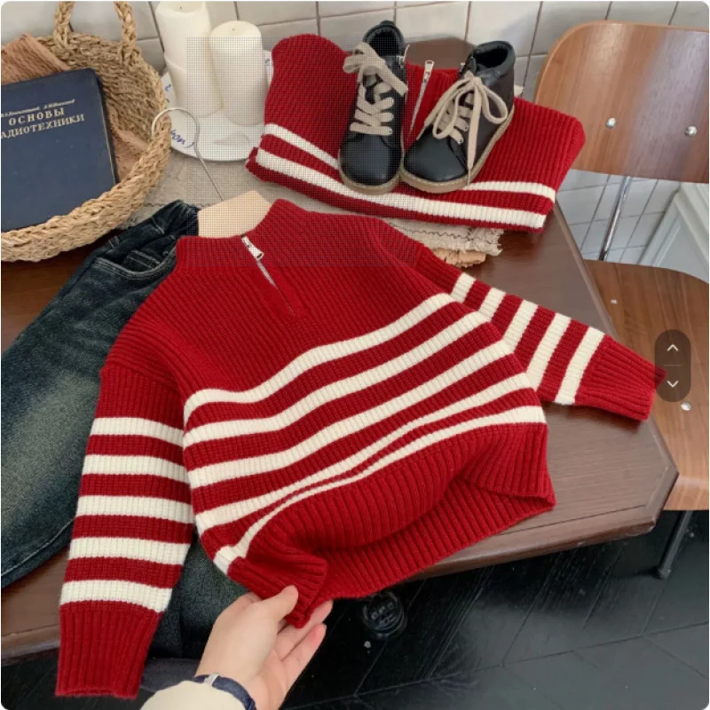 

Children's Sweater Winter New Striped Boys' Knitwear Festive New Year Top Trendy Style