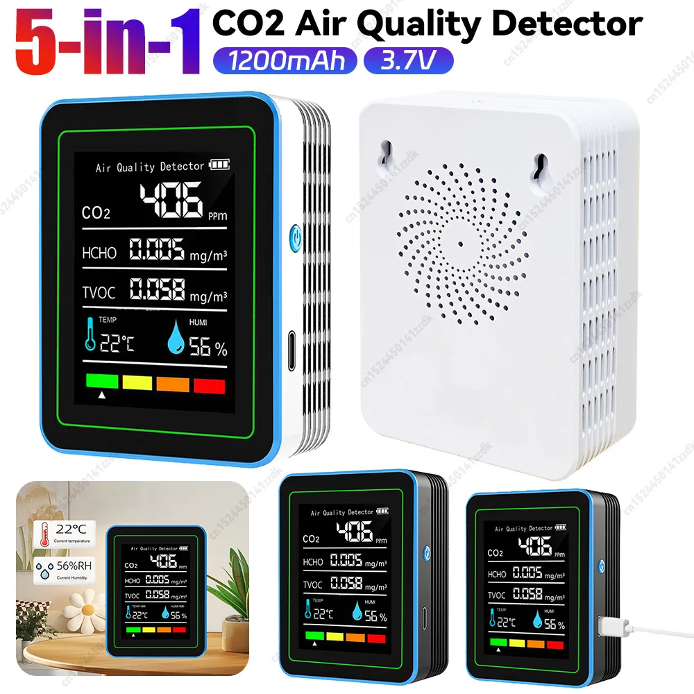 5 in 1 Air Quality Monitor Indoor CO2 Detector Formaldehyde HCHO TVOC Tester LCD Temperature Humidity Tester Alarm CO2 Meter USB