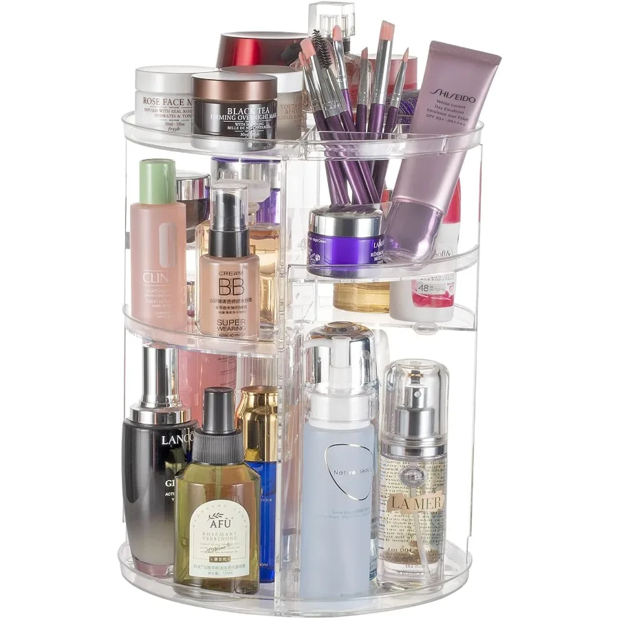 

360 Rotating Makeup Organizer Skincare Storage Box with Brush Holder and Perfume Tray Multifunctional Rotating Rack for Dressin