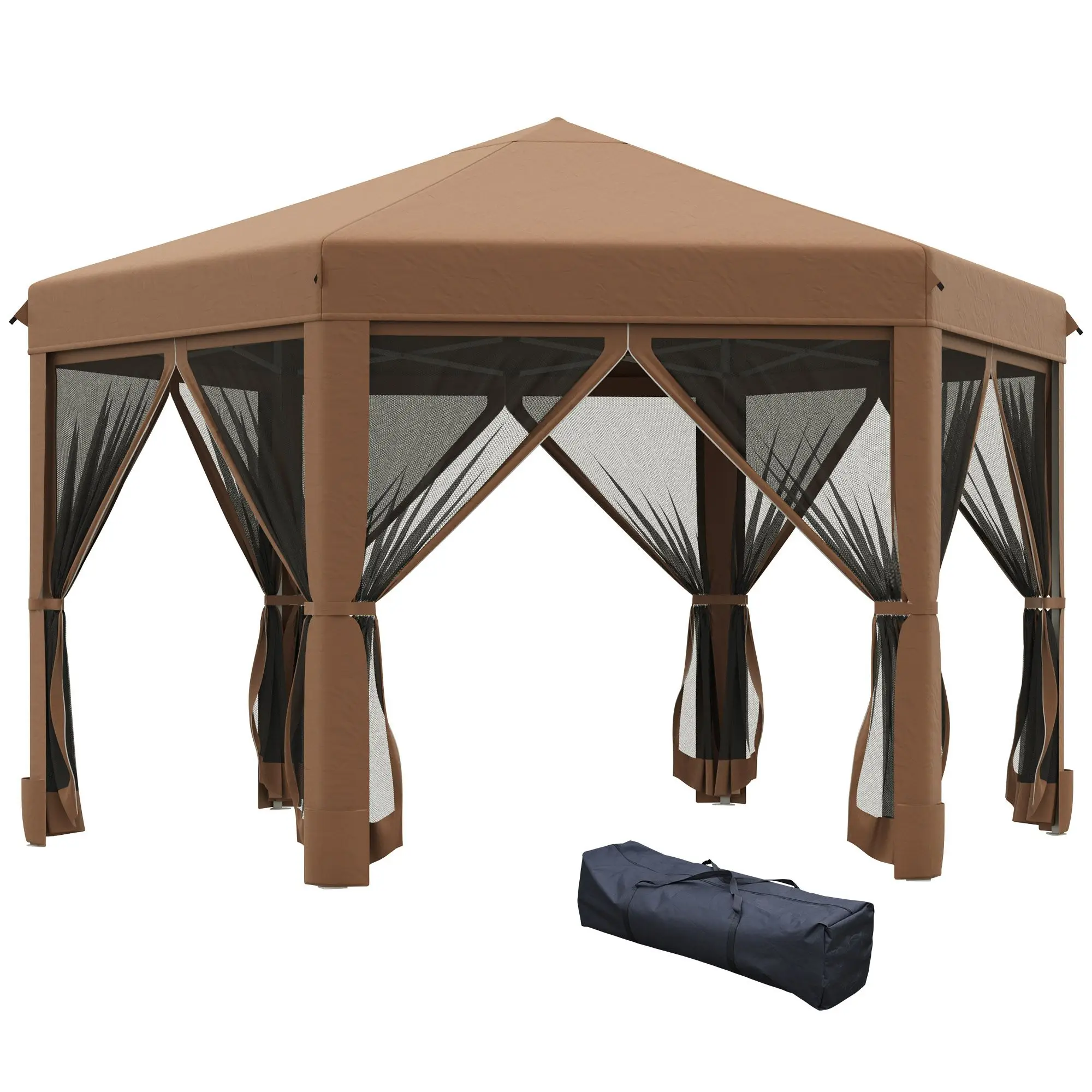 

For Outsunny 13x13 Pop Up Canopy, Hexagonal, Brown, Mesh Sidewalls, Adjustable Height, Steel Frame