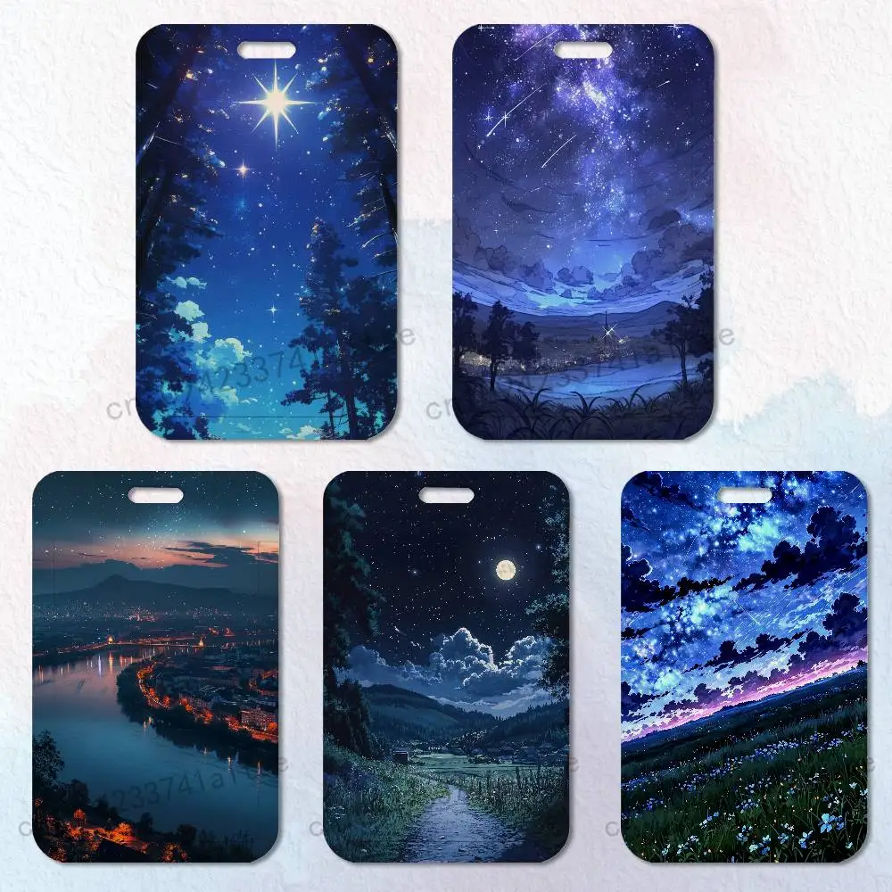 

Starry Art Night View Card Holder Durable With Carabiner Name Tag Vertical ID Badge Holders Credentials Protection