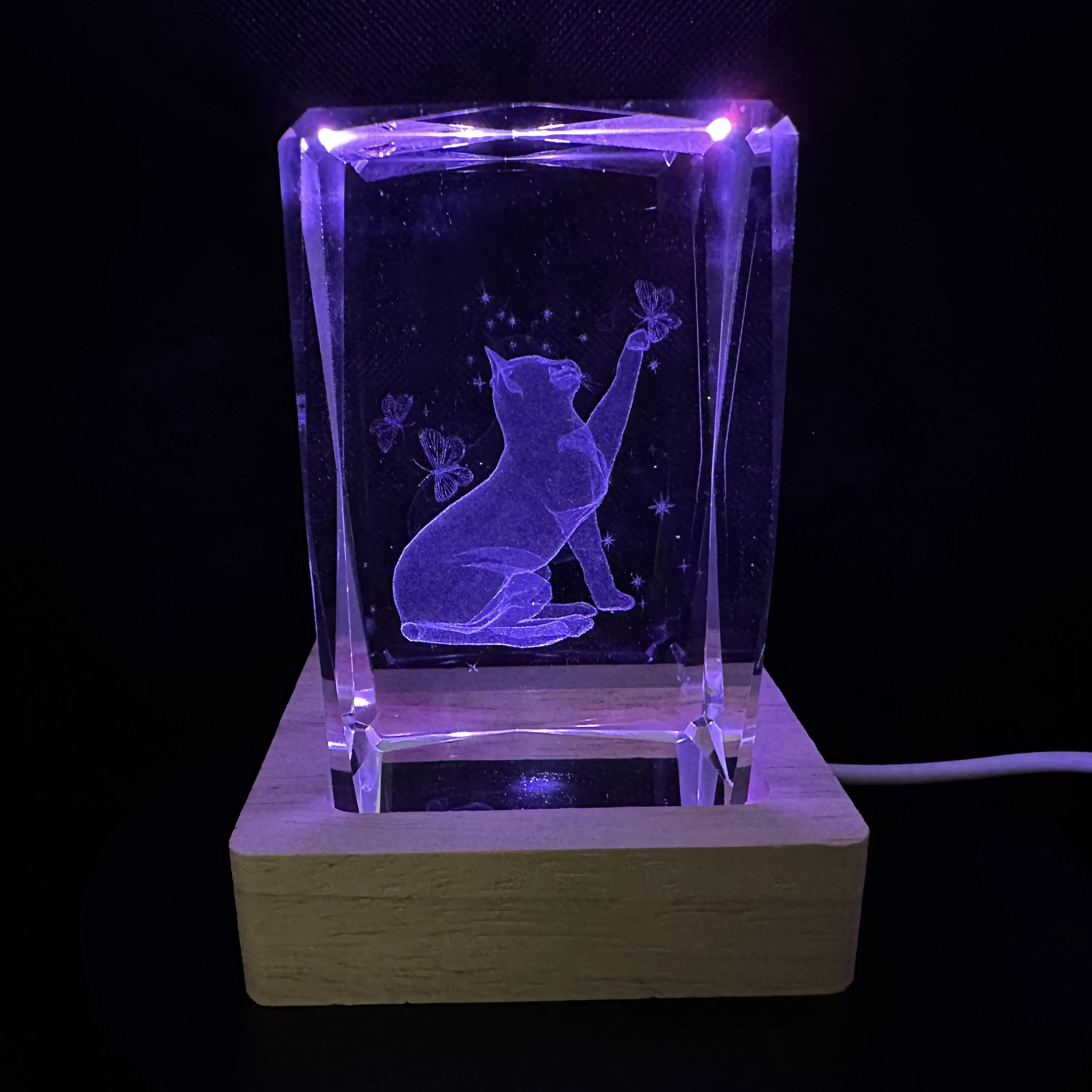 Cat Scratch Butterfly Gift Crystal LED Night Light Strip Base, Glass Decorative Gift, Suitable for Bedroom, Living Room, Birthda