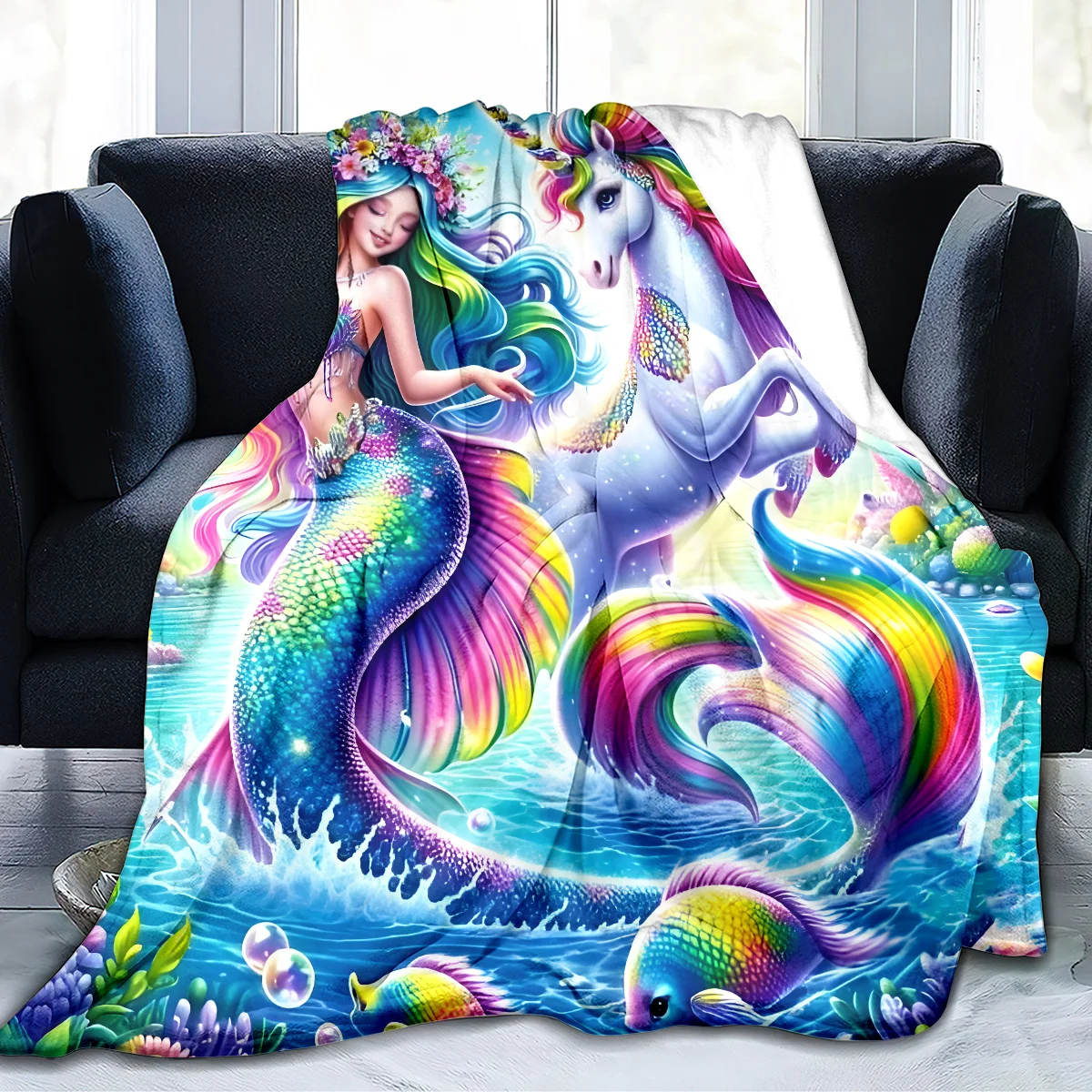 

1pc Bohemian Style Mermaid & Unicorn Flannel Blanket - All-Season, Hypoallergenic, Hand-Washable, Digital Print Fleece Throw for