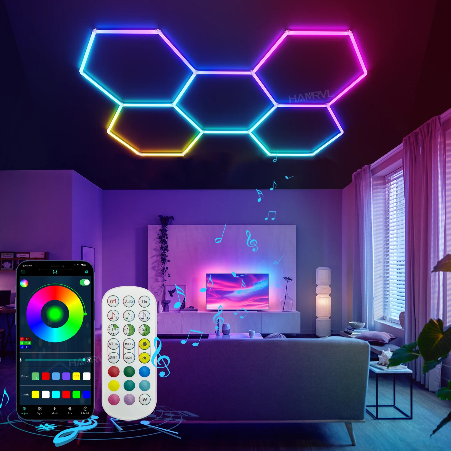 

RGB Hexagon LED Lighting Colorful Change Dimming Deco Light for Car Garage Gym Party Club Stage Gaming Sound pickup Wall Ceiling