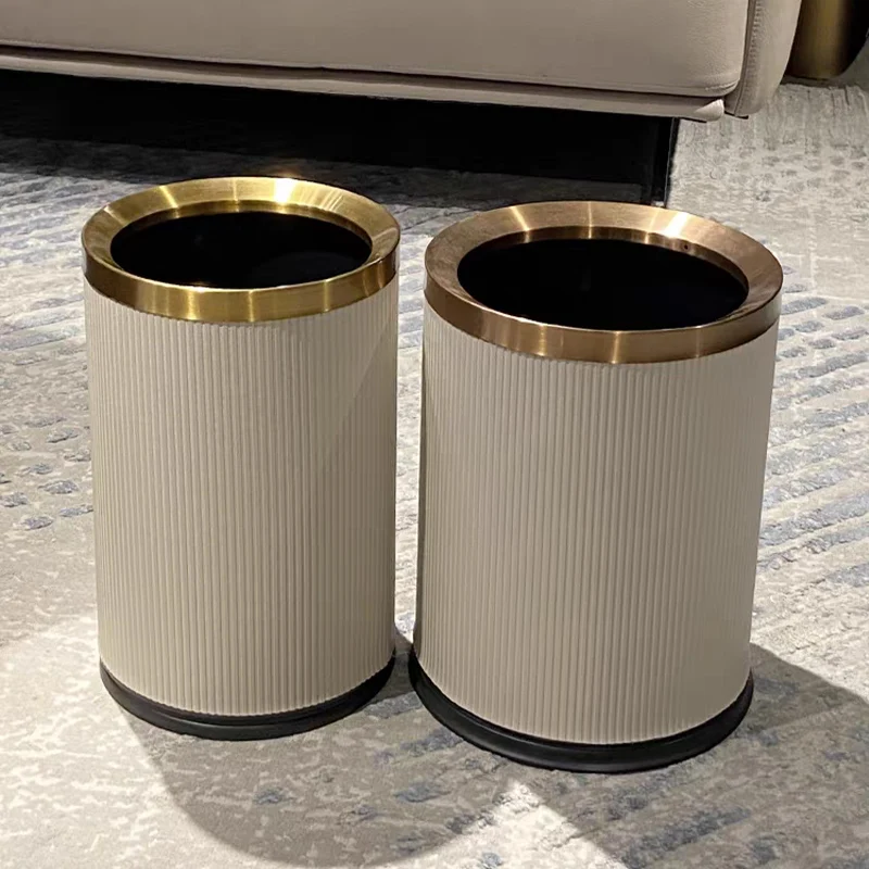 Leasylife quality Double Layer Leather Trash Can Metal Beautiful Waste Paper PU Basket Storage Bin for Bathroom  Bed Room