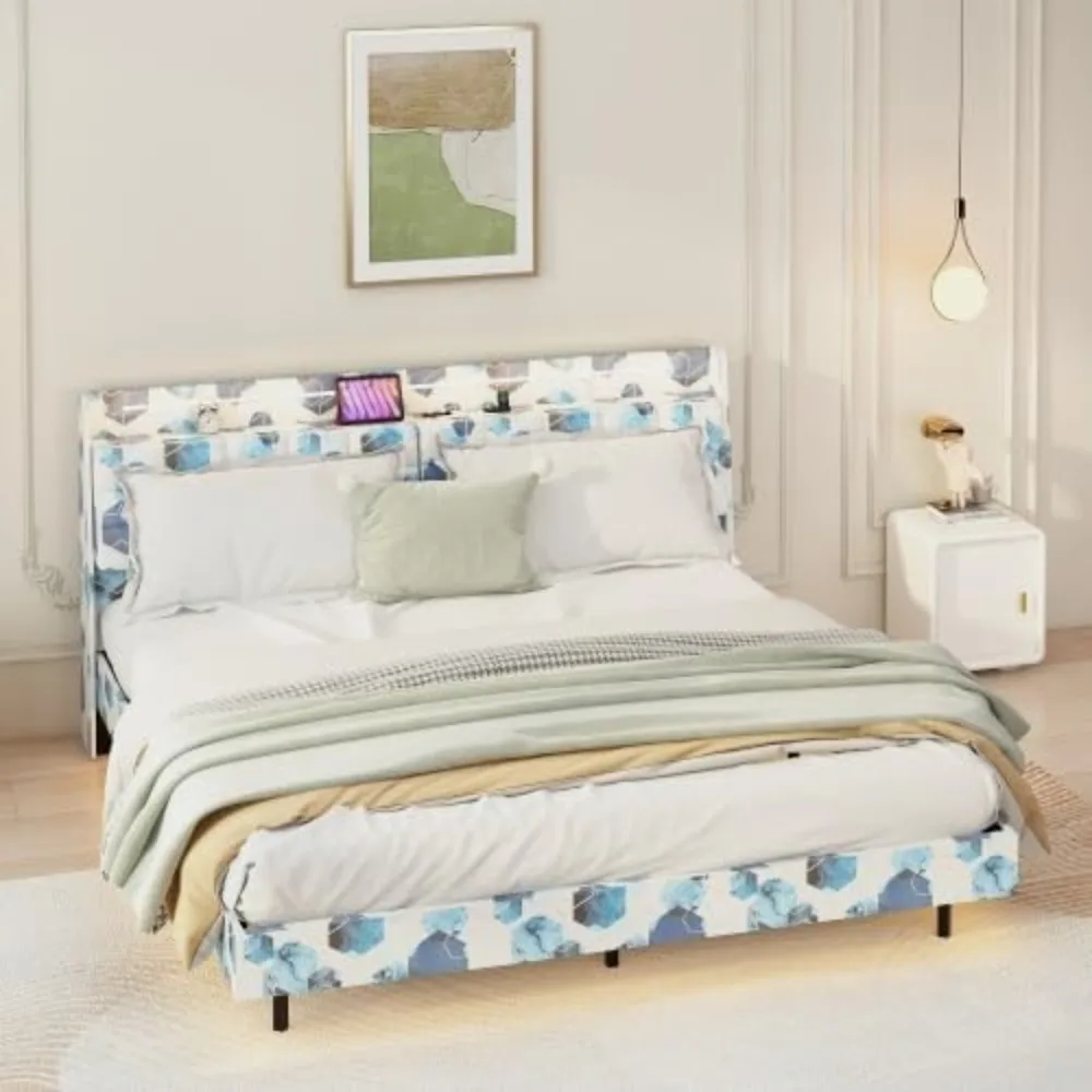 

bedstead.Queen with Upholstered Platform Bed Frame Queen Size with Headboard and Hidden Storage Space, (Blue,New)