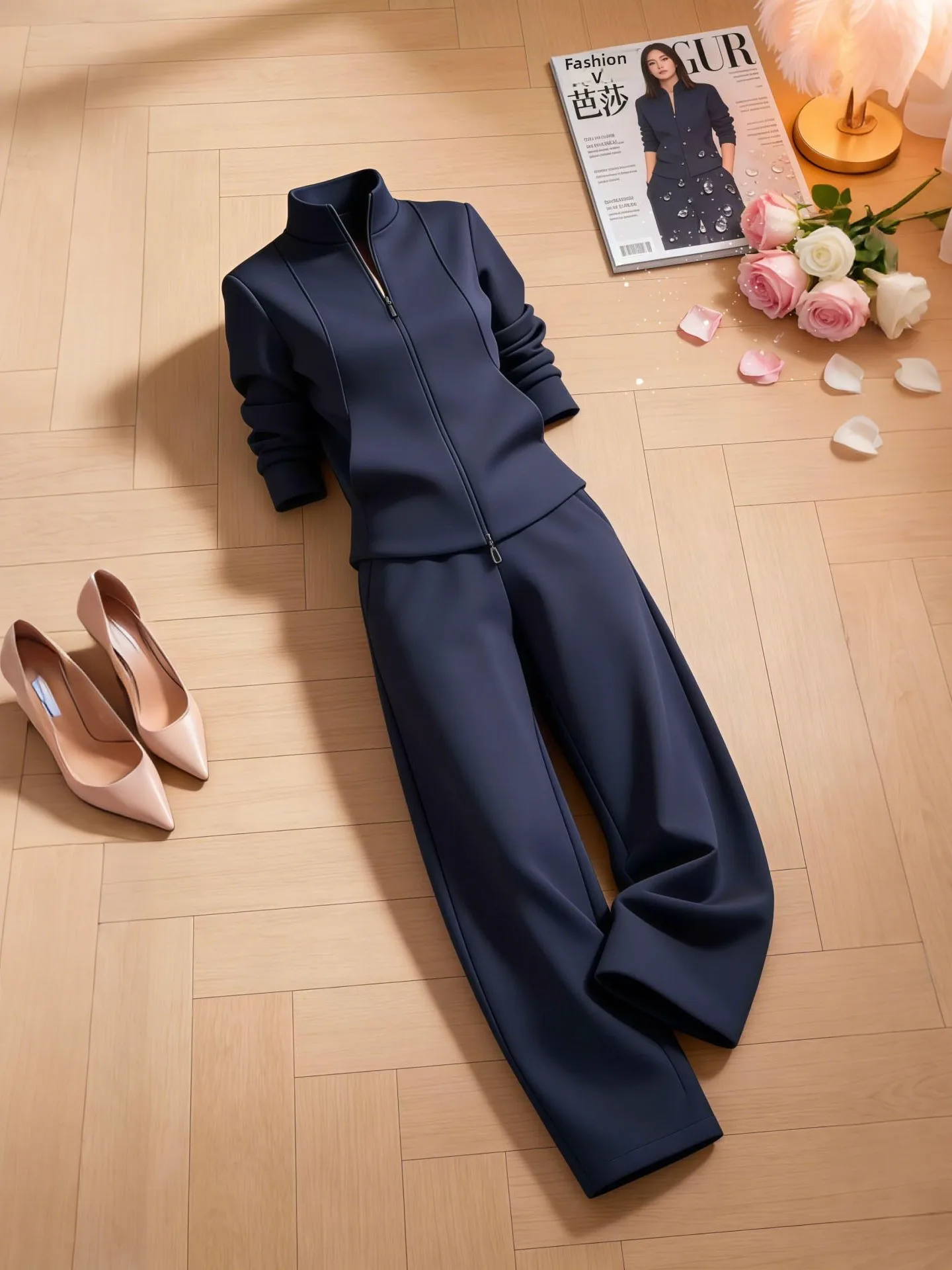 Spring Autumn 2026 Women's Fashionable Commute Style Zipper Stand Collar Top Wide Leg Pants Set Two Piece Versatile Trendy Ou...