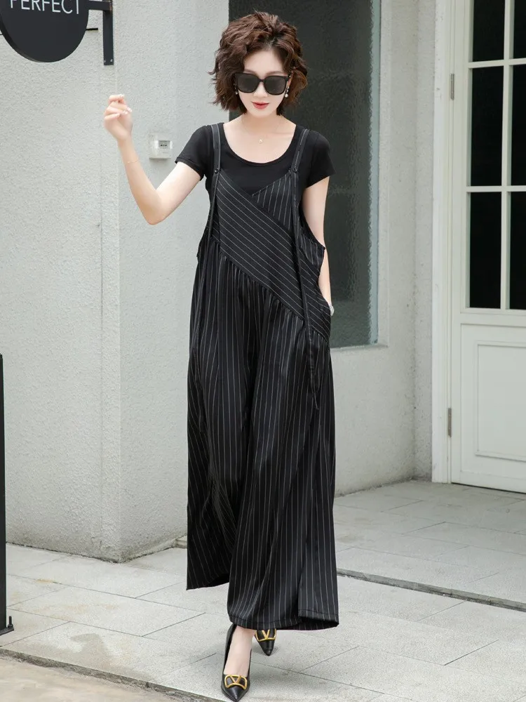 

New Chinese High-End Silk Stripe Overalls Women Summer Large Size ort Sve Simple Elely Loose Jumpsuit Casual Sport Suit