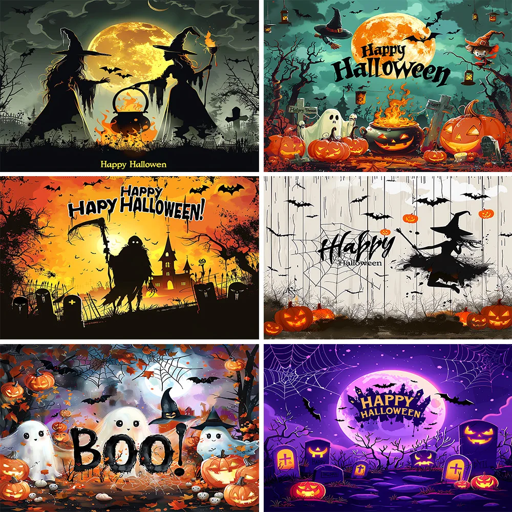 

Halloween Backdrop Ghost Pumpkin Moon Bat Kids Portrait Family Party Decoration Banner Photography Background for Photo Studio