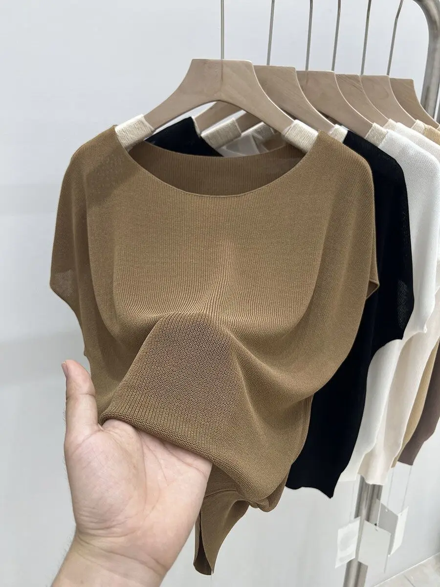 فضفاض واحد الكتف الحرير الجليد ort-Sve محبوك أعلى المرأة الصيف عارضة اللون رقيقة Sle مريحة للتنفس تي شيرت