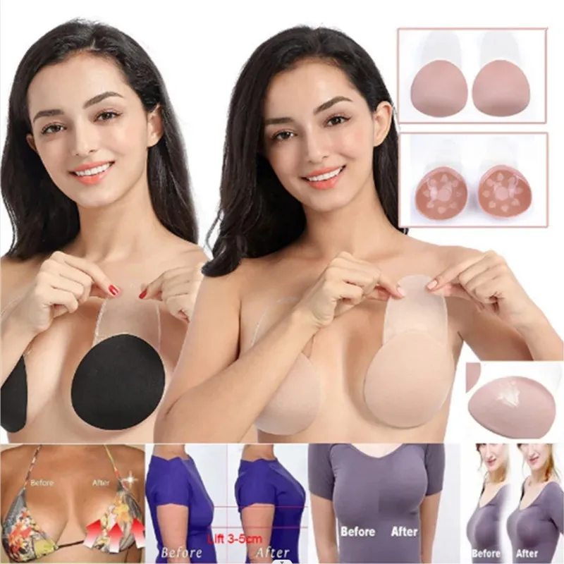 Women Push Up Bras Self Adhesive Silicone Strapless Invisible Bra Reusable Sticky Breast Lift Tape Round Nipple Cover Bra Pads