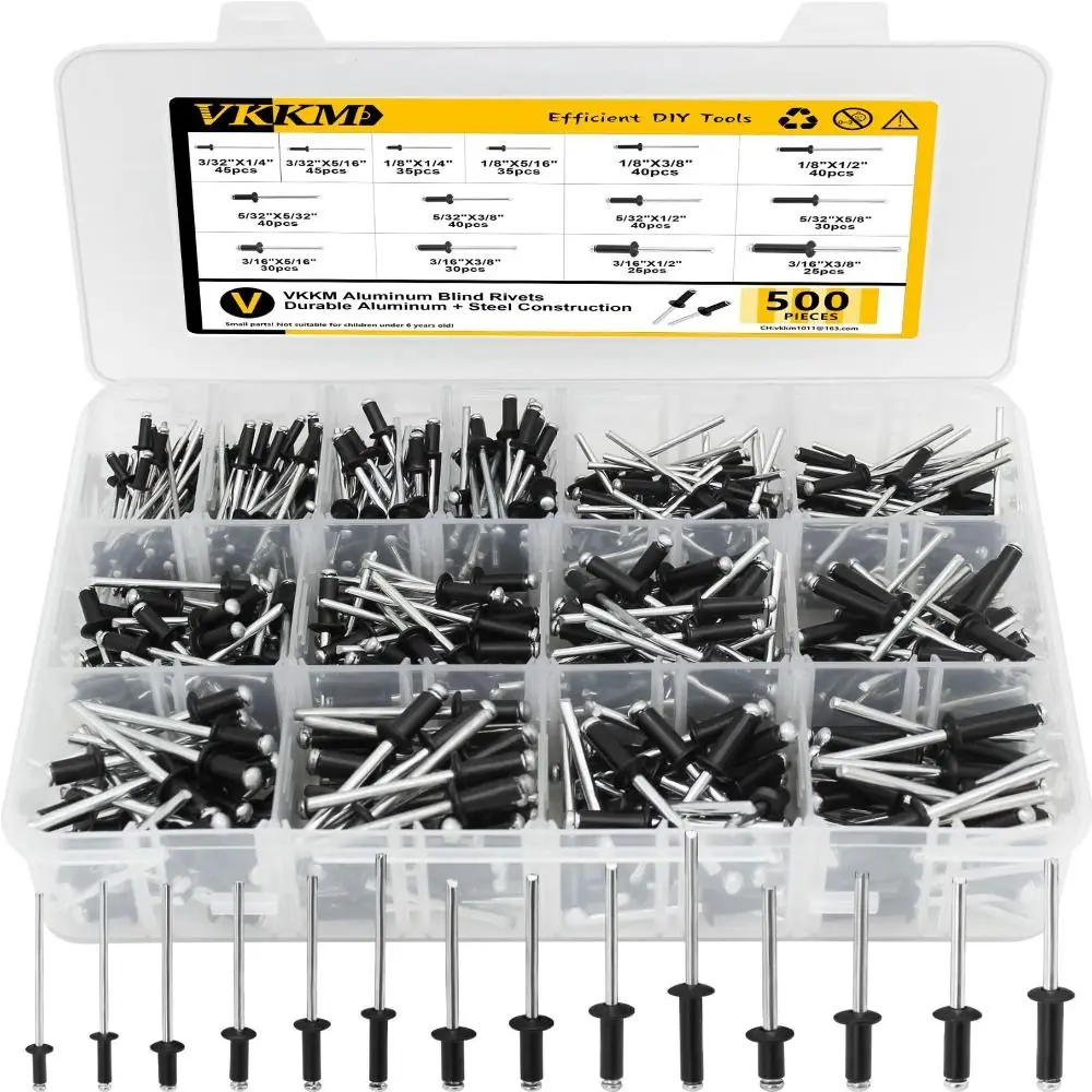 

500Pcs/Set 304 Stainless Steel Mushroom Head Rivets Kit Round Head 14 Sizes Blind Rivets Durable Black Open-Type Rivets