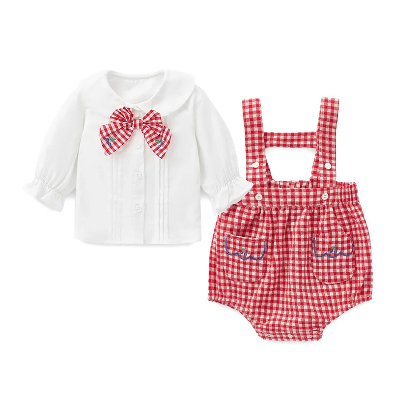 

2024 Newborn Baby Girls Two Piece Set Fashion Doll Neck Long Sleeve Tops Red Plaid Suspenders Shorts Toddler Summer Romper Suits