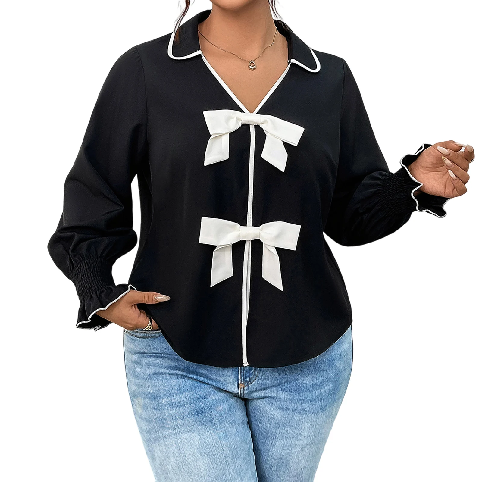 

Топы больших размеров с v-образным вырезом для женщин, модные осенние рубашки контрастного цвета с длинным рукавом и воротником с бантом