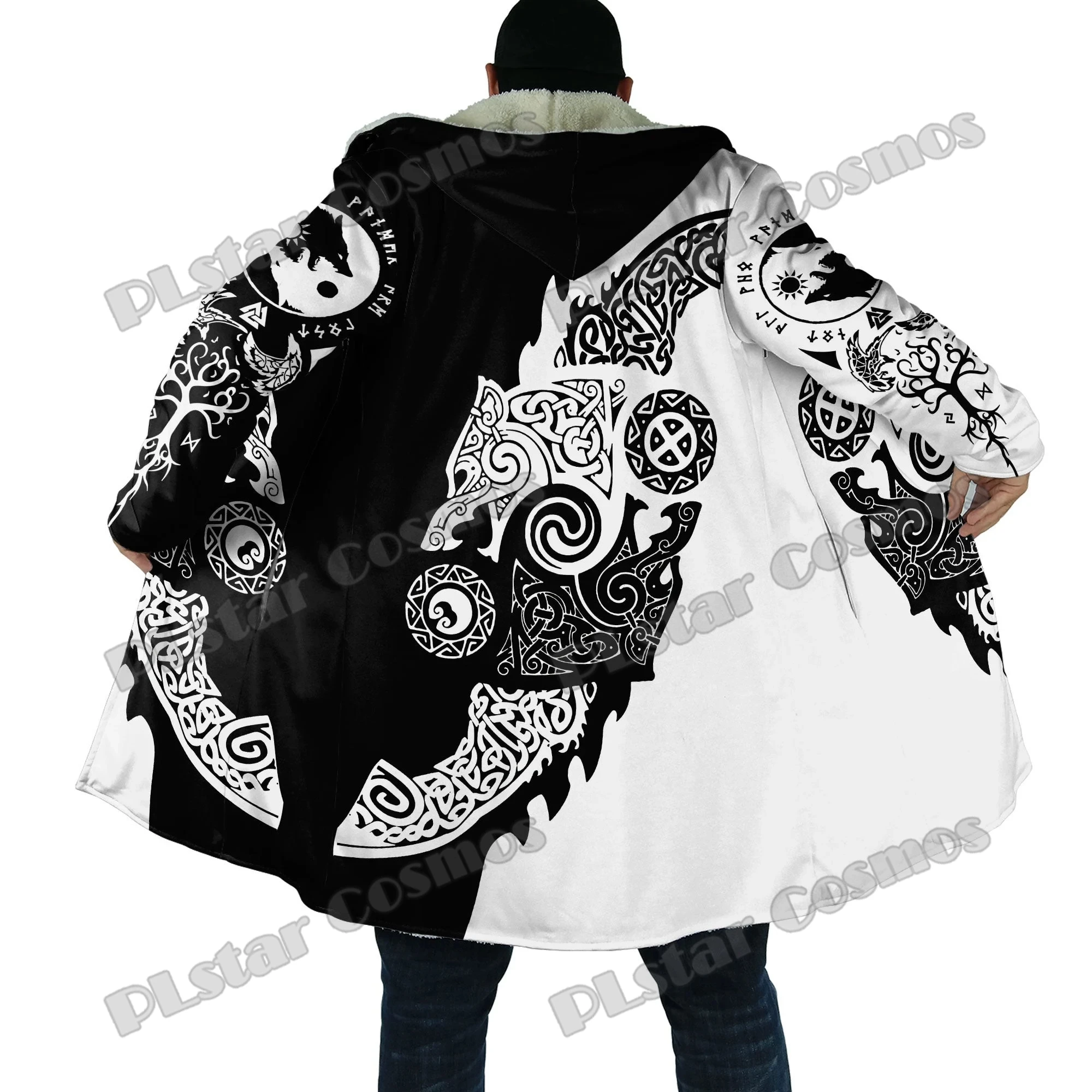 

Wolf Yin And Yang Symbol Tattoo 3D Printed Fashion Men's Sherpa Hooded Cloak Winter Unisex Casual Thick Warm Cloak Coats PF145