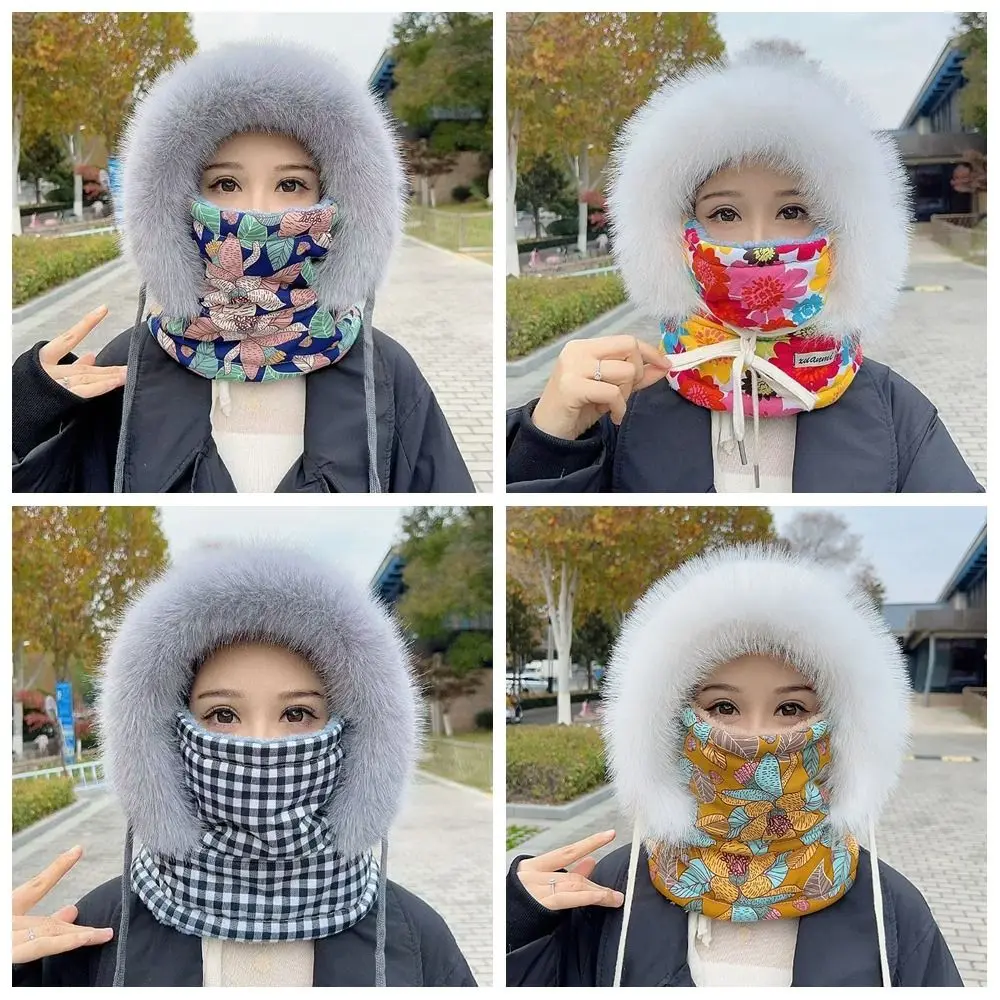 

Windproof 3-in-1 Winter Cycling Hat Cold Resistant Plaid Warm Scarf Face Mask Thickened Neck Warmer Lei Feng Hat Women