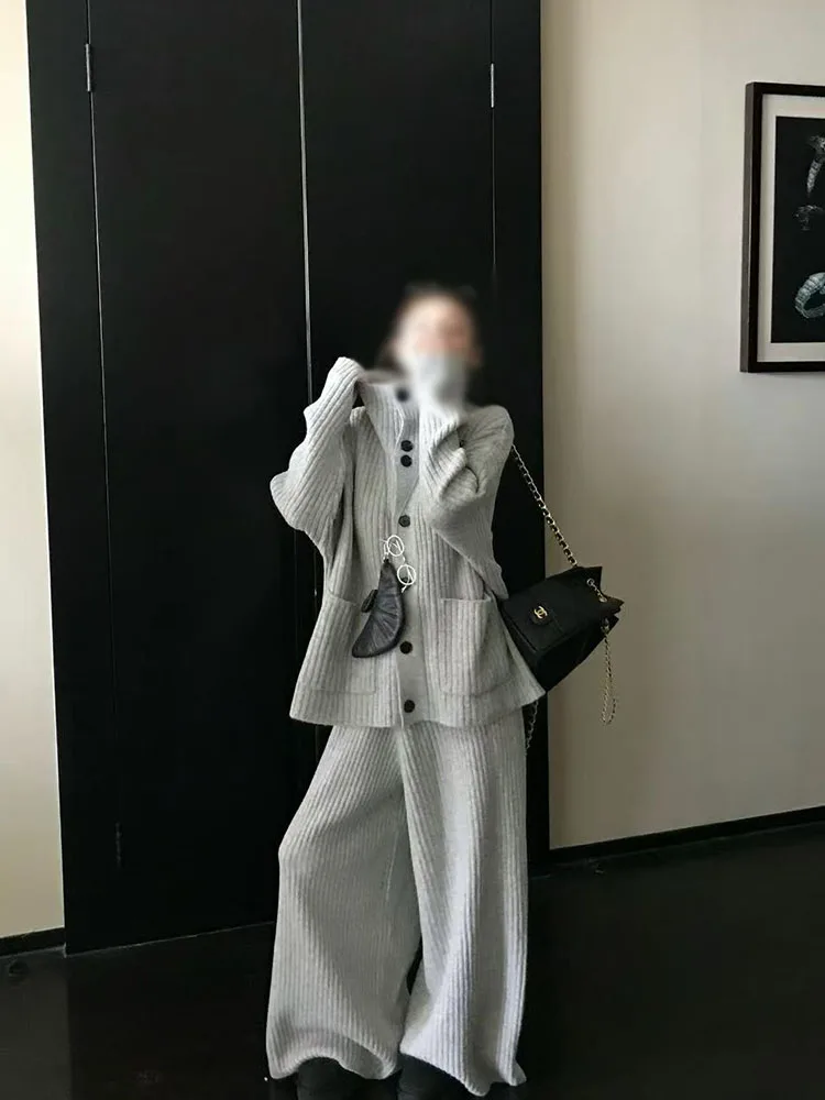 Korean Style Women's Thickened High Collar Sweater Cardigan Long Pants Set Casual Fashion Lazy Chic Winter Outfit Two Pieces