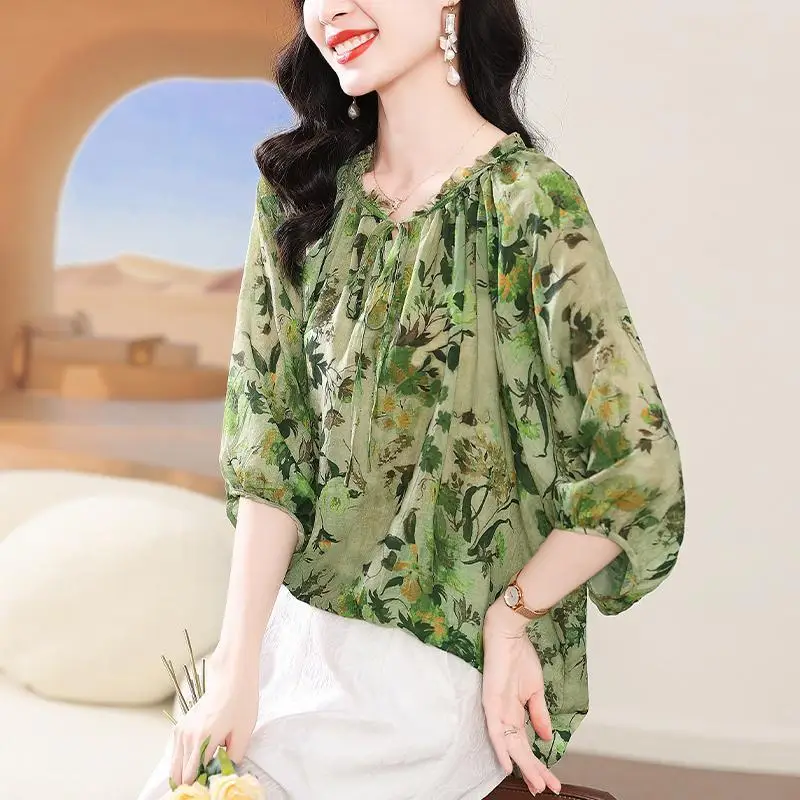 Temperamento impresso camisa de manga média para primavera e outono moda versátil chiffon plissado retalhos solto topo