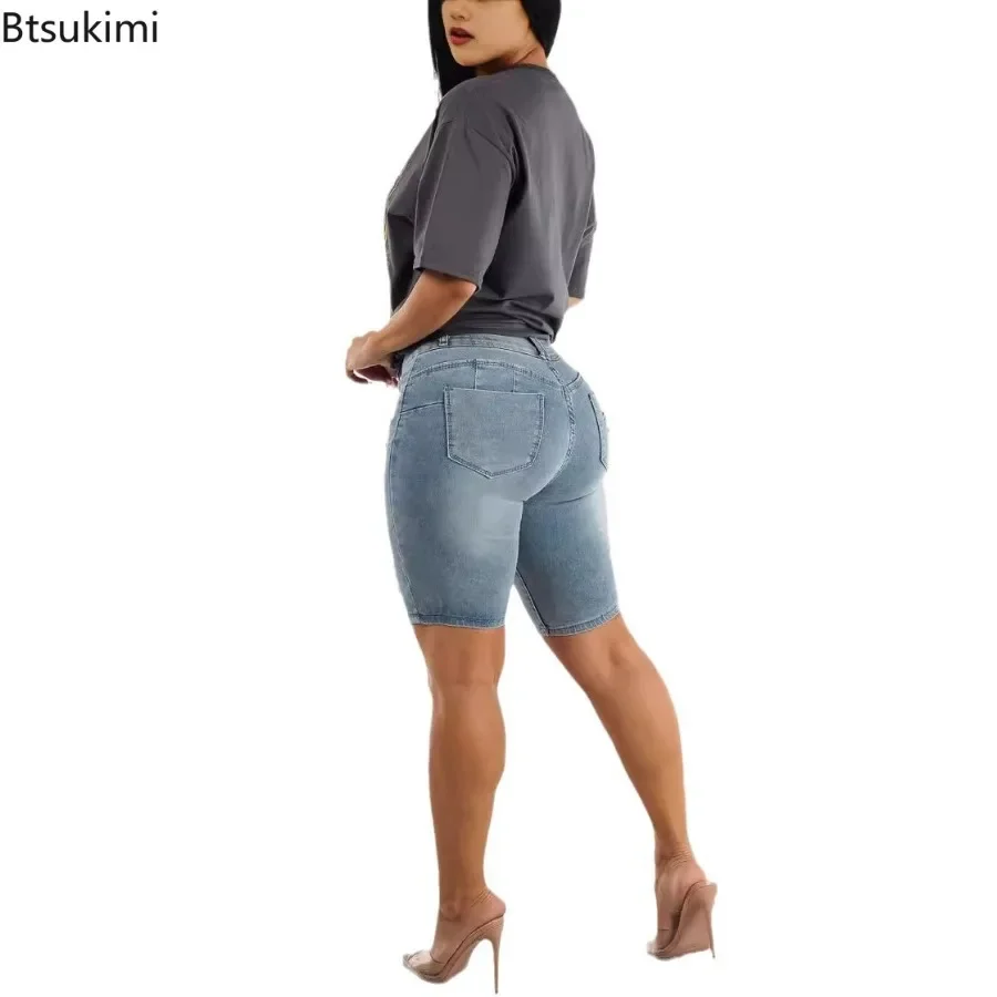 2024 Nieuwe Solide Slanke Butt Lifting Broek Voor Dames Comfort Hoge Taille Elasticiteit Denim Shorts Mode Gebroken Gaten Korte Jeans Femme