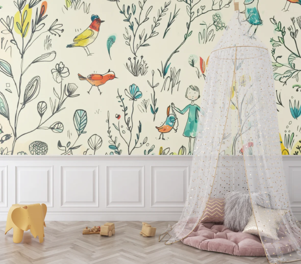 Customized Size Mural Painting Children's Room Hand drawn Flower, Bird, Branch Wallpaper Baby Room Wallpaper