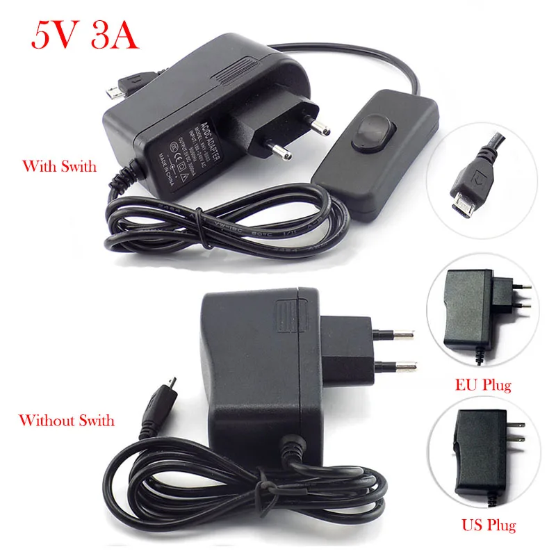 Micro USB AC to DC Power Adapter supply US EU Plug on/off switch 100V - 240V Converter charger DC 5V 3A 3000mA for Raspberry Pi