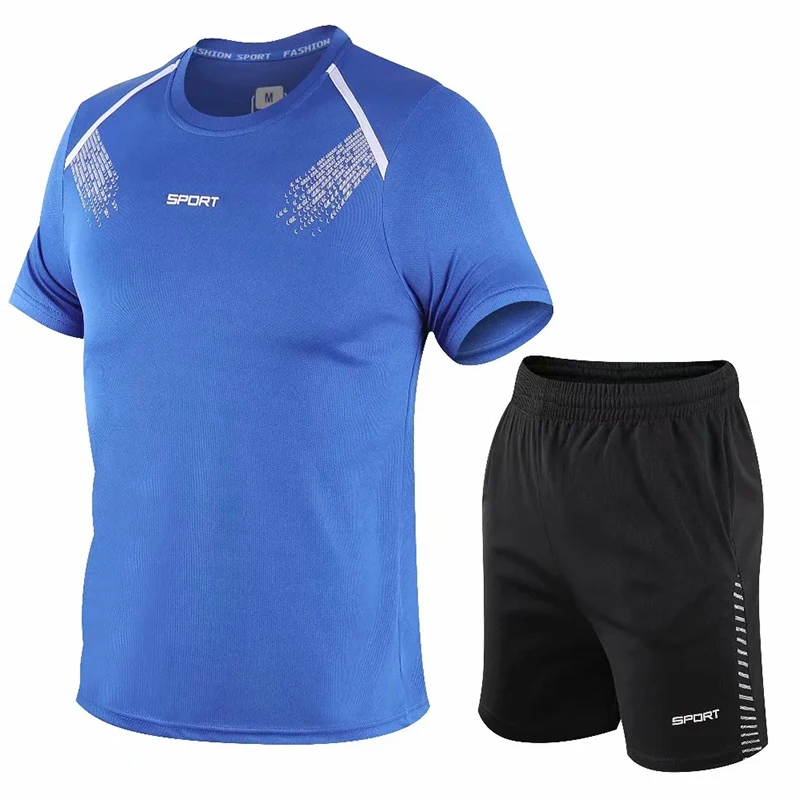 Men  2 Pcs/Set Running Suits Sprint T Shirst and Shorts Quick Dry Prints Outdoor Marathon Uniform Quick Dry Track and Field Sets