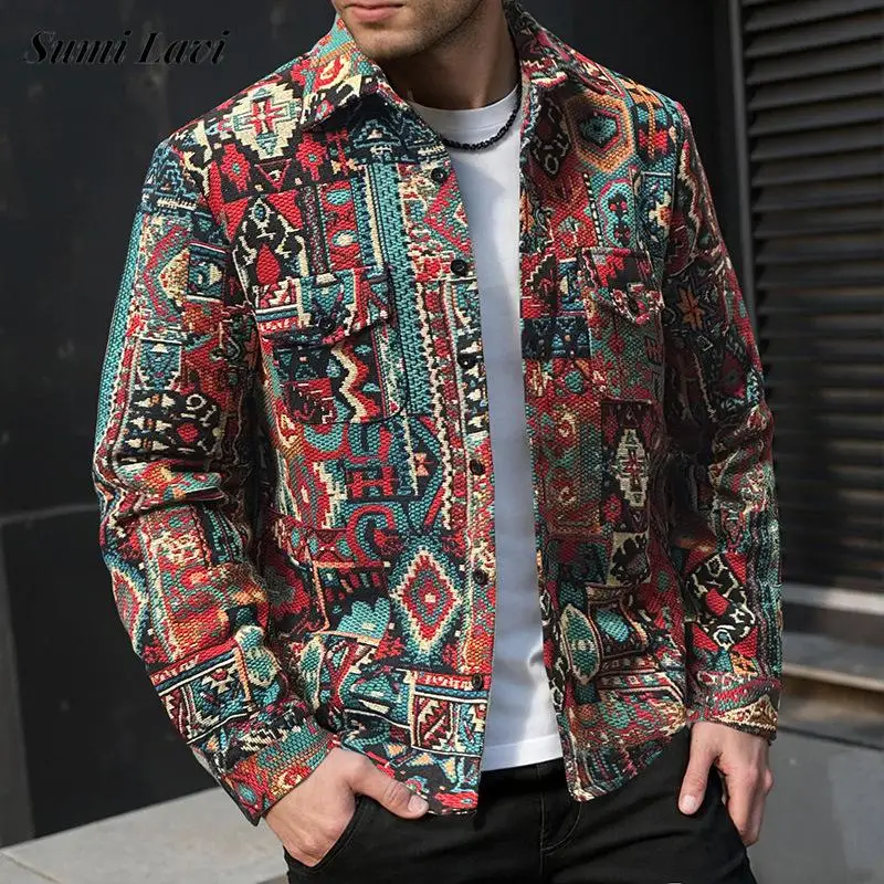 

Fashionable Mens Jackets Vintage Ethnic Style Long Sleeve Buttoned Cardigan Tops Men Autumn Casual Turn-down Collar Jacket