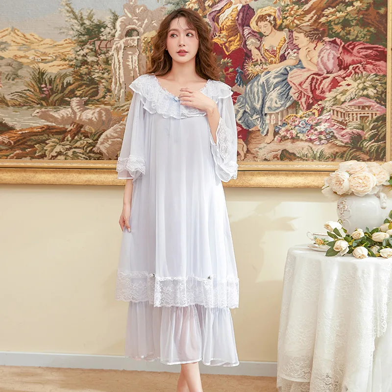 Women Long Nightgowns Solid Round Collar Half Sleeve Modal Gauze Ruffles Loose Retro New Chic French Palace Princess Nightdress