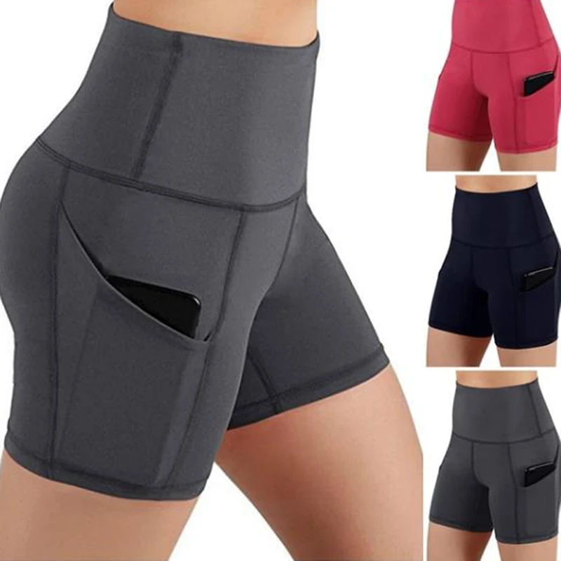 Women High Waist Hip Lifting Shorts Pocket Yoga Short Pant Workout Running Stretch Fitness Athletic Sports Yoga Leggings