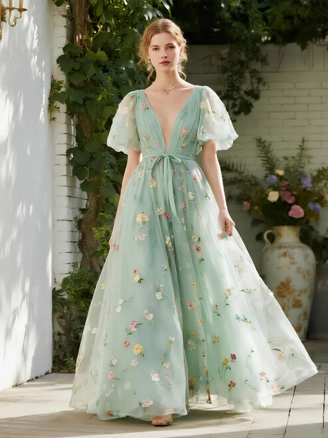 

Sexy A-Line Chiffon Long Evening Dress Floor Length Wedding Party Gown Short Sleeve Appliques floral dress 2025 Free Customized