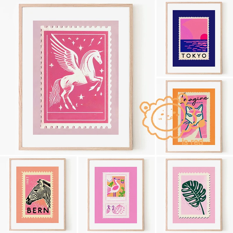 Colored stamp retro poster Pegasus Polaris Paris Butterfly Playful Peacock Canvas printing wall decoration frameless paintings