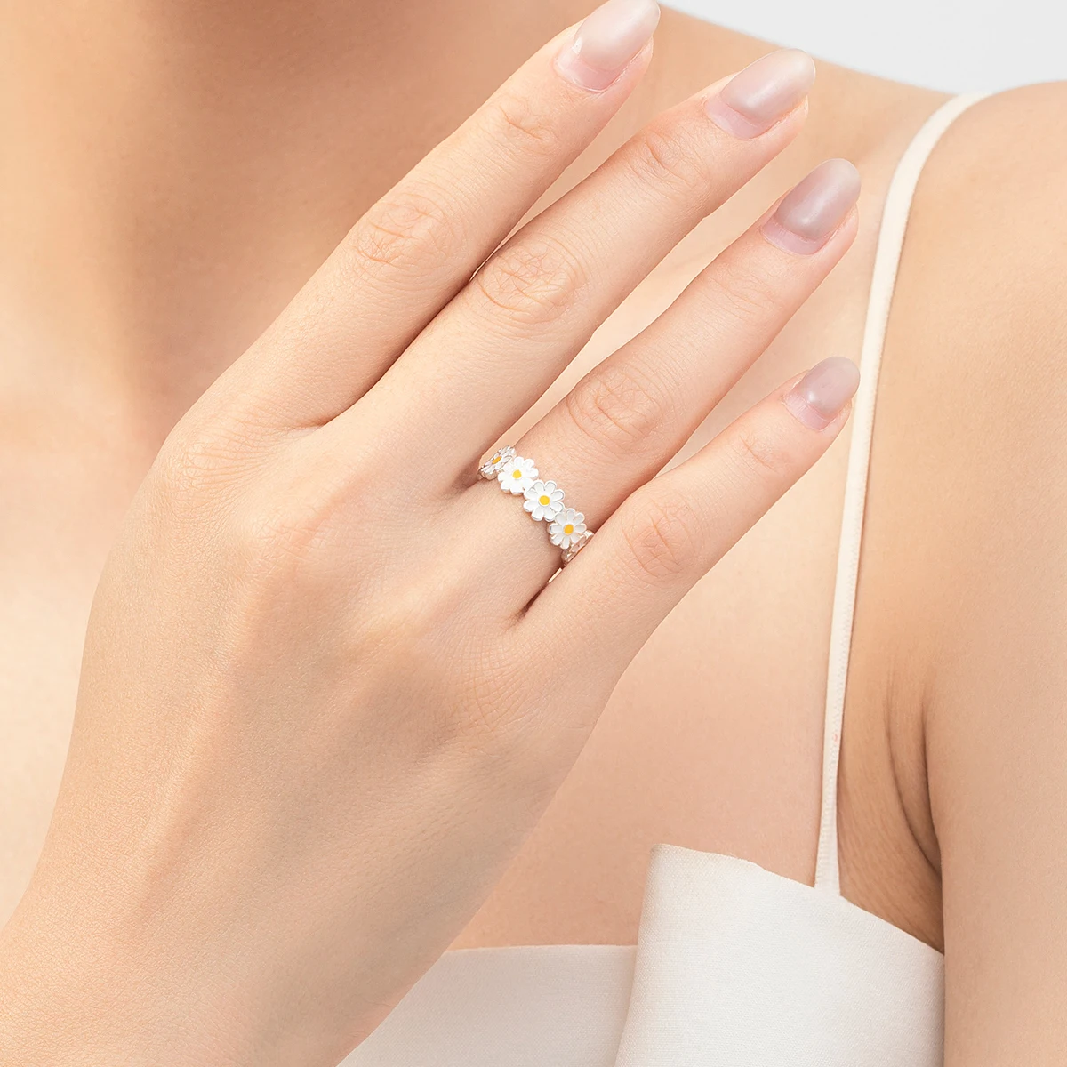 خاتم إصبع مفتوح من موديان للنساء ، ديزي طازج ، زهور من المينا ، هدية من المجوهرات الراقية ، حفلة عيد ، فضة استرليني 925 ، مقاس 6-9