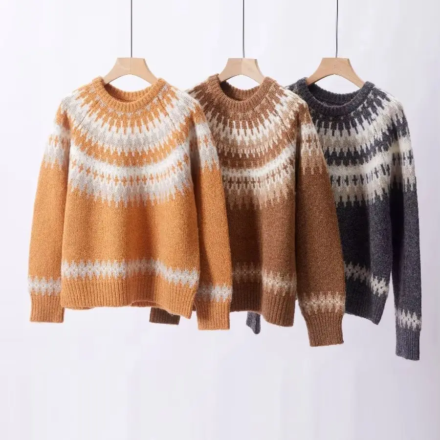 

2015 Alpaca Blend Fair Isle Vintage Long Sleeve Pullover Crew Neck Knitted Top Age-reducing Fashion Niche Design