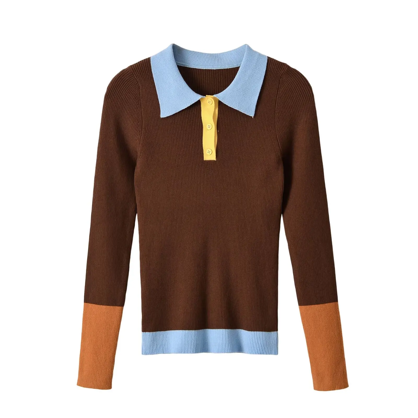 KONDALA Fashion 2026 Herbst Polo Damenhemd mit Knöpfen, lässiger Langarm-Pullover, Streetwear, schicke Patchwork-Strickware für Damen – Detail 2