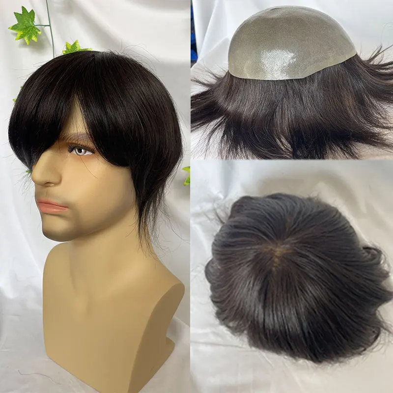 Men's Human Hair Toupee thick PU 0.08-0.1MM Thin Skin Base 7.5x9.5 Invisible Hair System Natural Hairline 6 Inch Medium Density